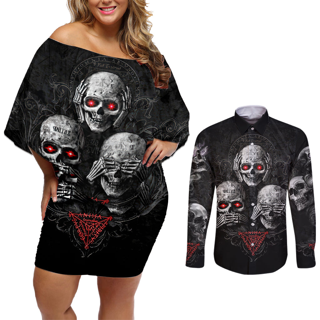 skull-couples-matching-off-shoulder-short-dress-and-long-sleeve-button-shirts-no-see-no-hear-no-speak-evil