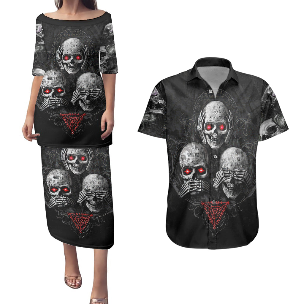 skull-couples-matching-puletasi-dress-and-hawaiian-shirt-no-see-no-hear-no-speak-evil