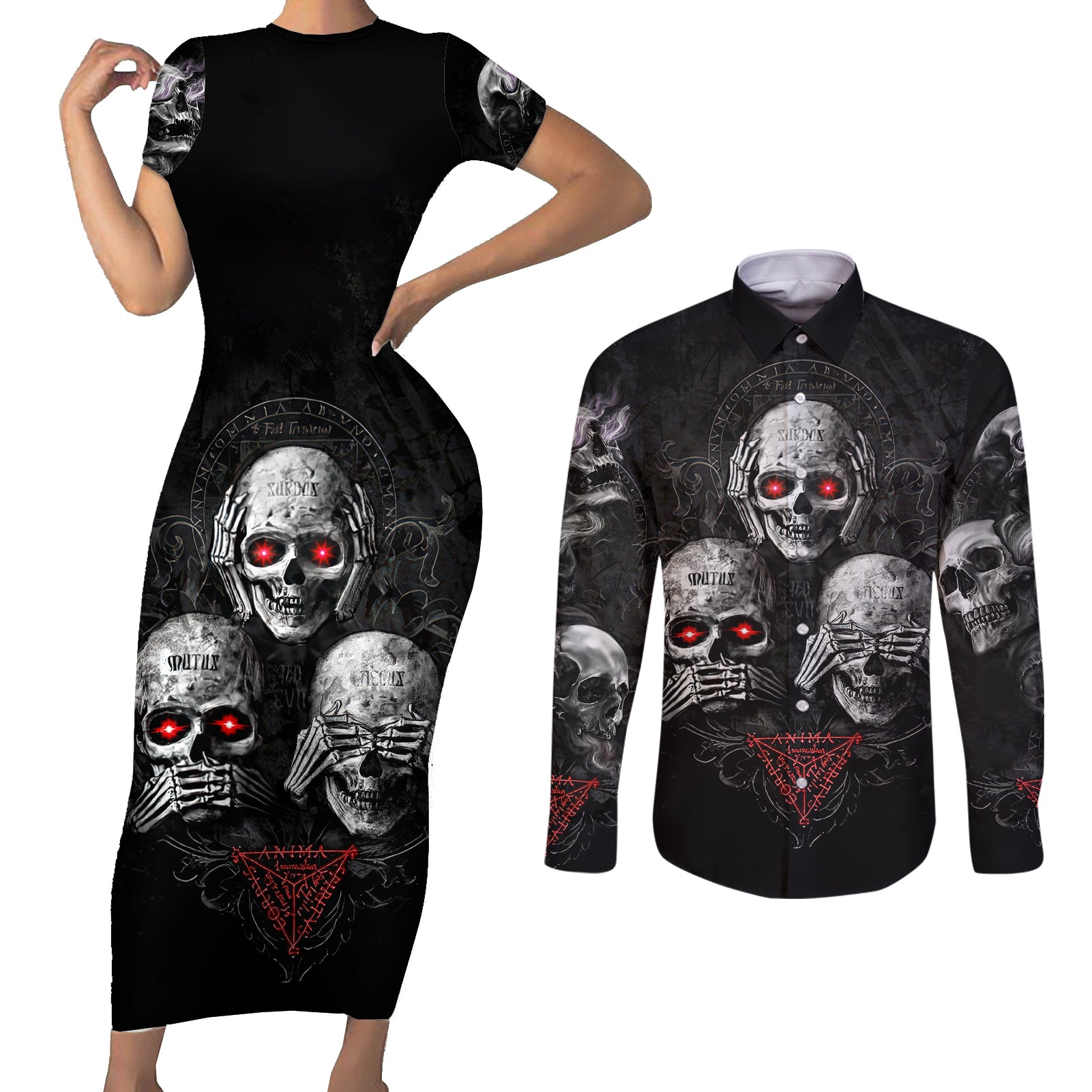 skull-couples-matching-short-sleeve-bodycon-dress-and-long-sleeve-button-shirts-no-see-no-hear-no-speak-evil