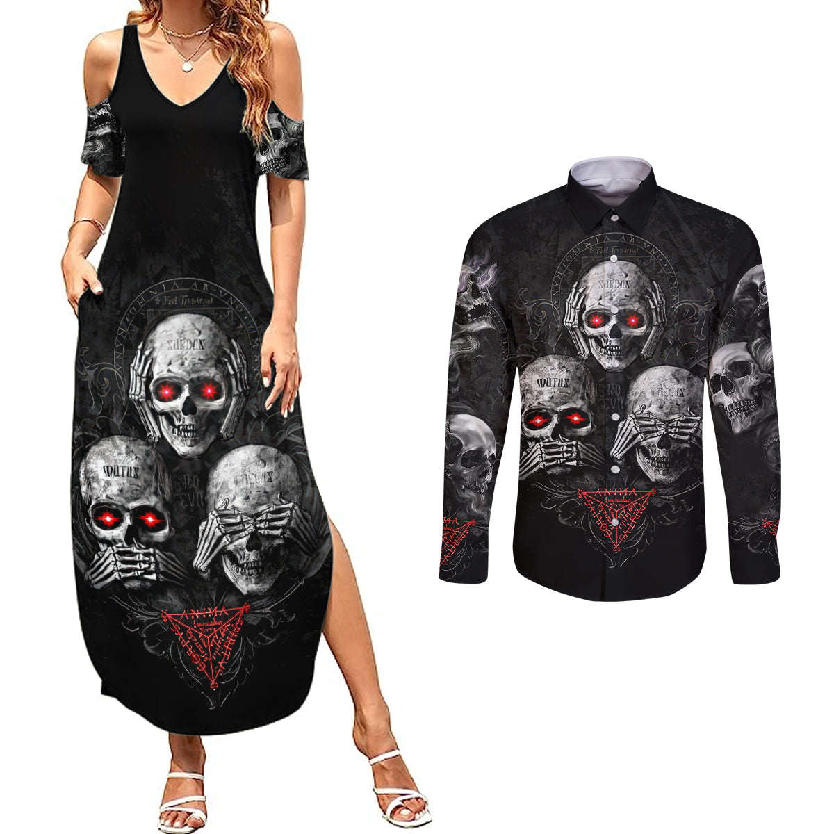 skull-couples-matching-summer-maxi-dress-and-long-sleeve-button-shirts-no-see-no-hear-no-speak-evil