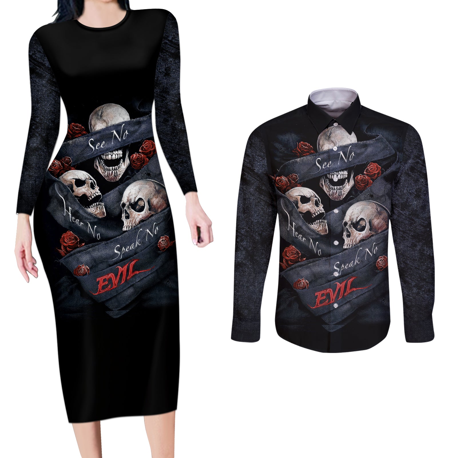 skull-couples-matching-long-sleeve-bodycon-dress-and-long-sleeve-button-shirts-no-see-evil-red-rose-jean