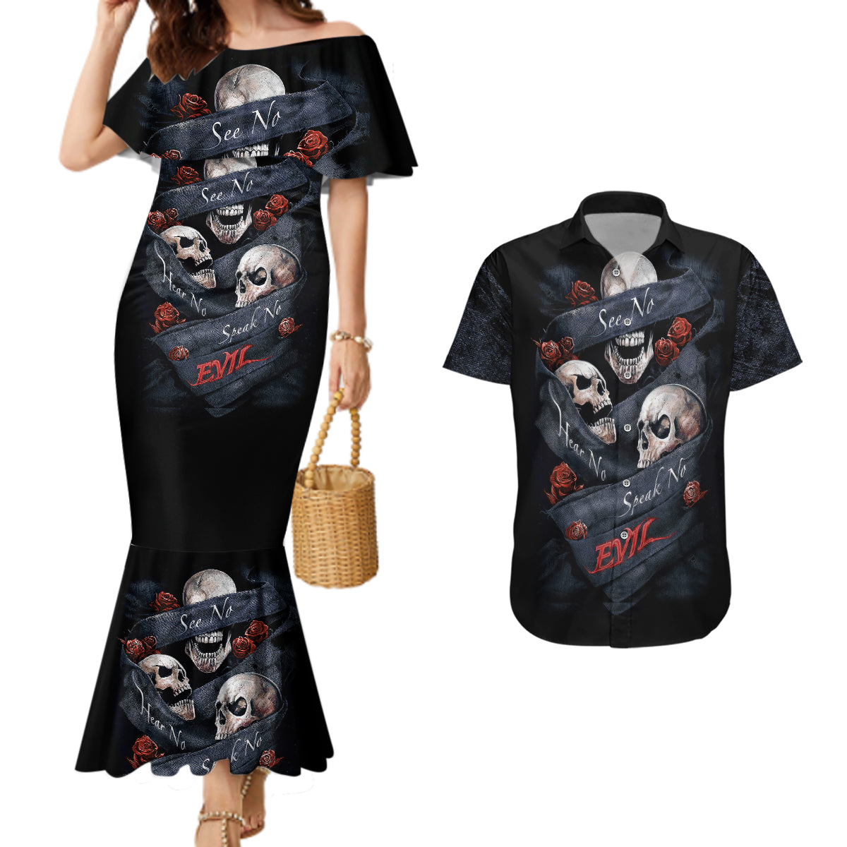 skull-couples-matching-mermaid-dress-and-hawaiian-shirt-no-see-evil-red-rose-jean