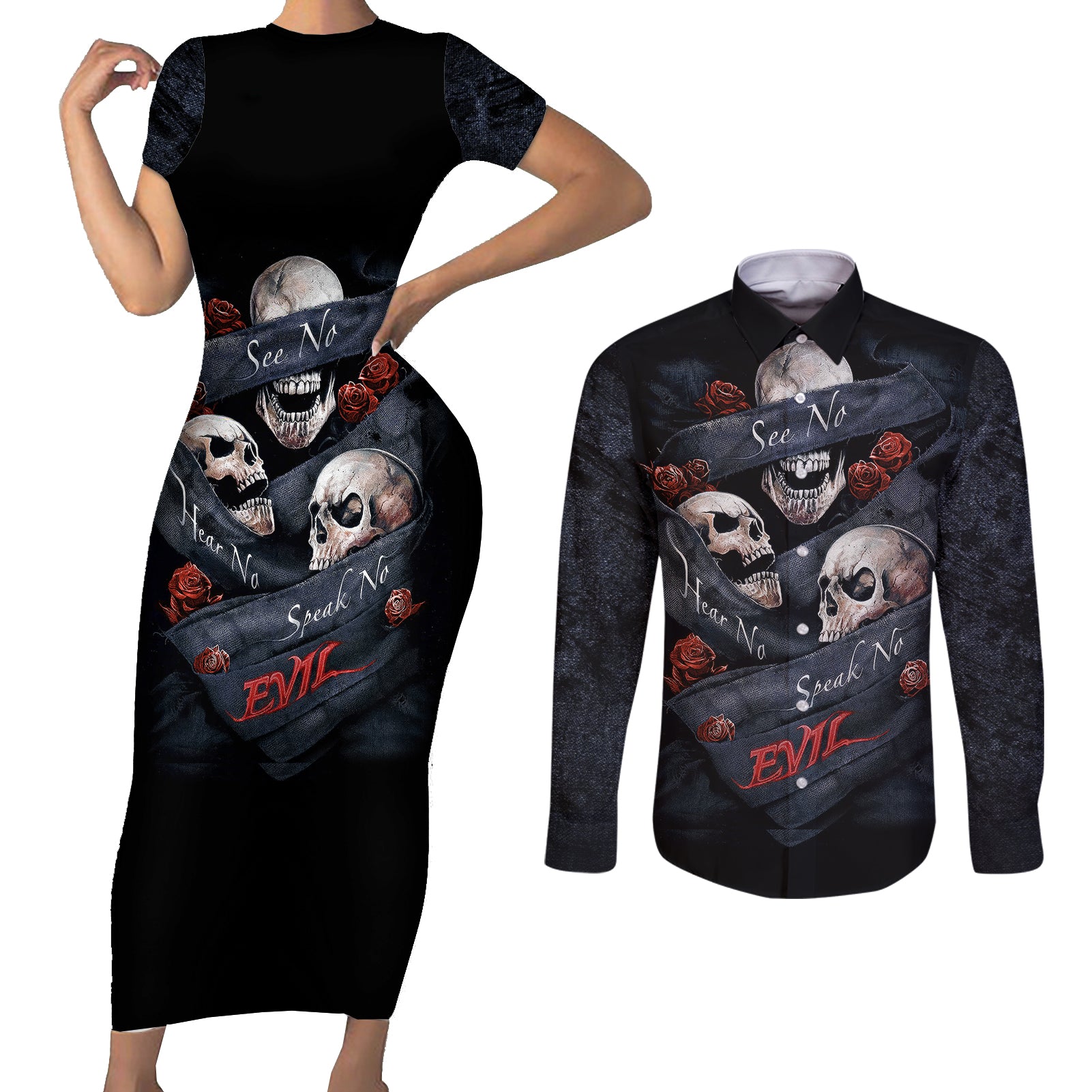 skull-couples-matching-short-sleeve-bodycon-dress-and-long-sleeve-button-shirts-no-see-evil-red-rose-jean