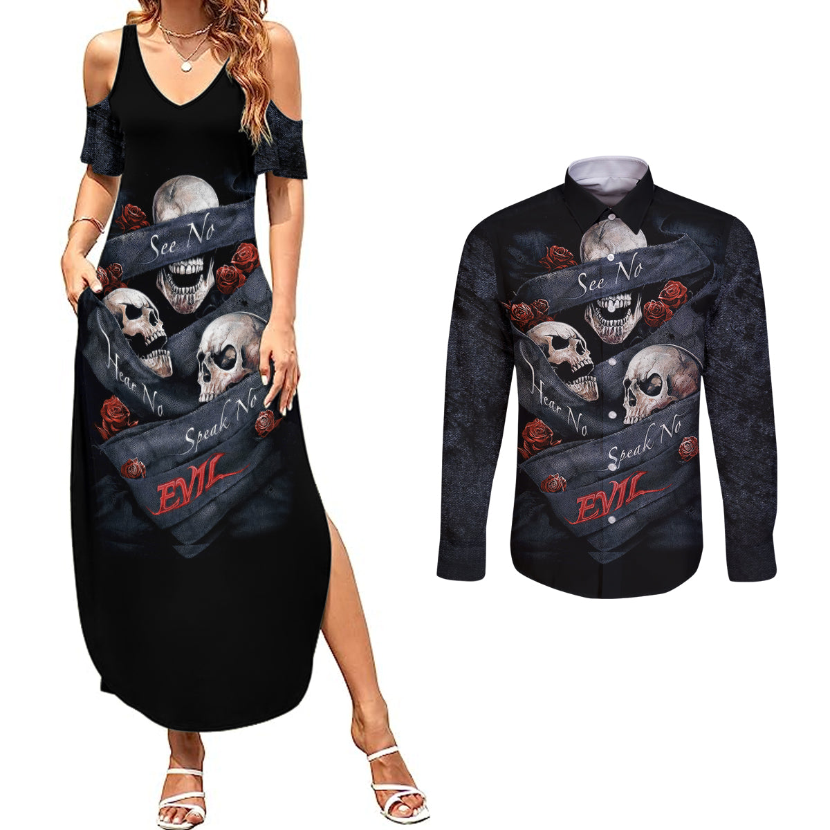 skull-couples-matching-summer-maxi-dress-and-long-sleeve-button-shirts-no-see-evil-red-rose-jean