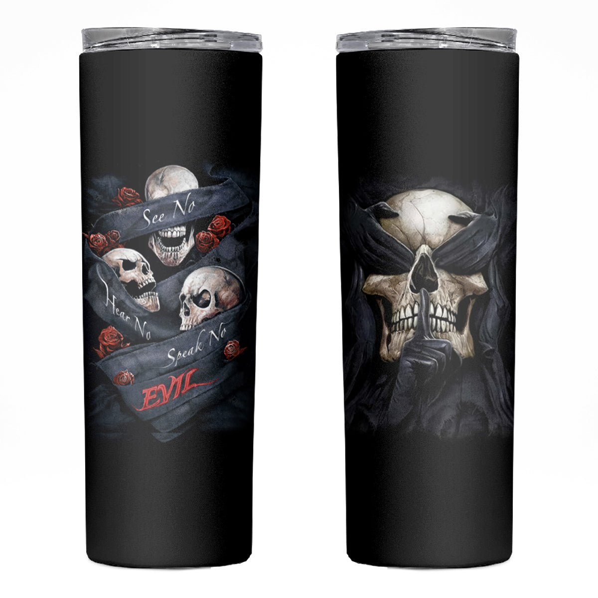 Skull Skinny Tumbler No See Evil Red Rose Jean