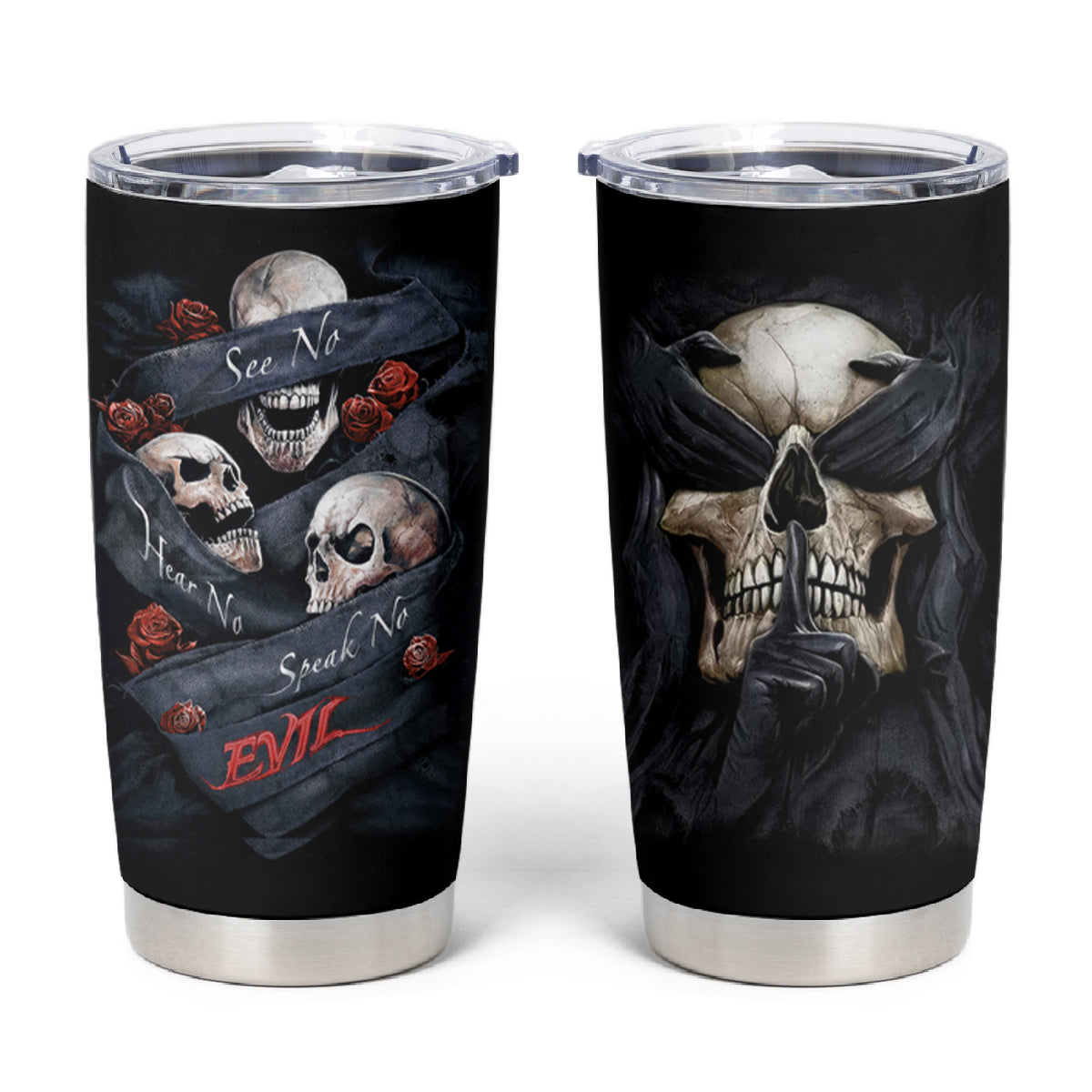 Skull Tumbler Cup No See Evil Red Rose Jean