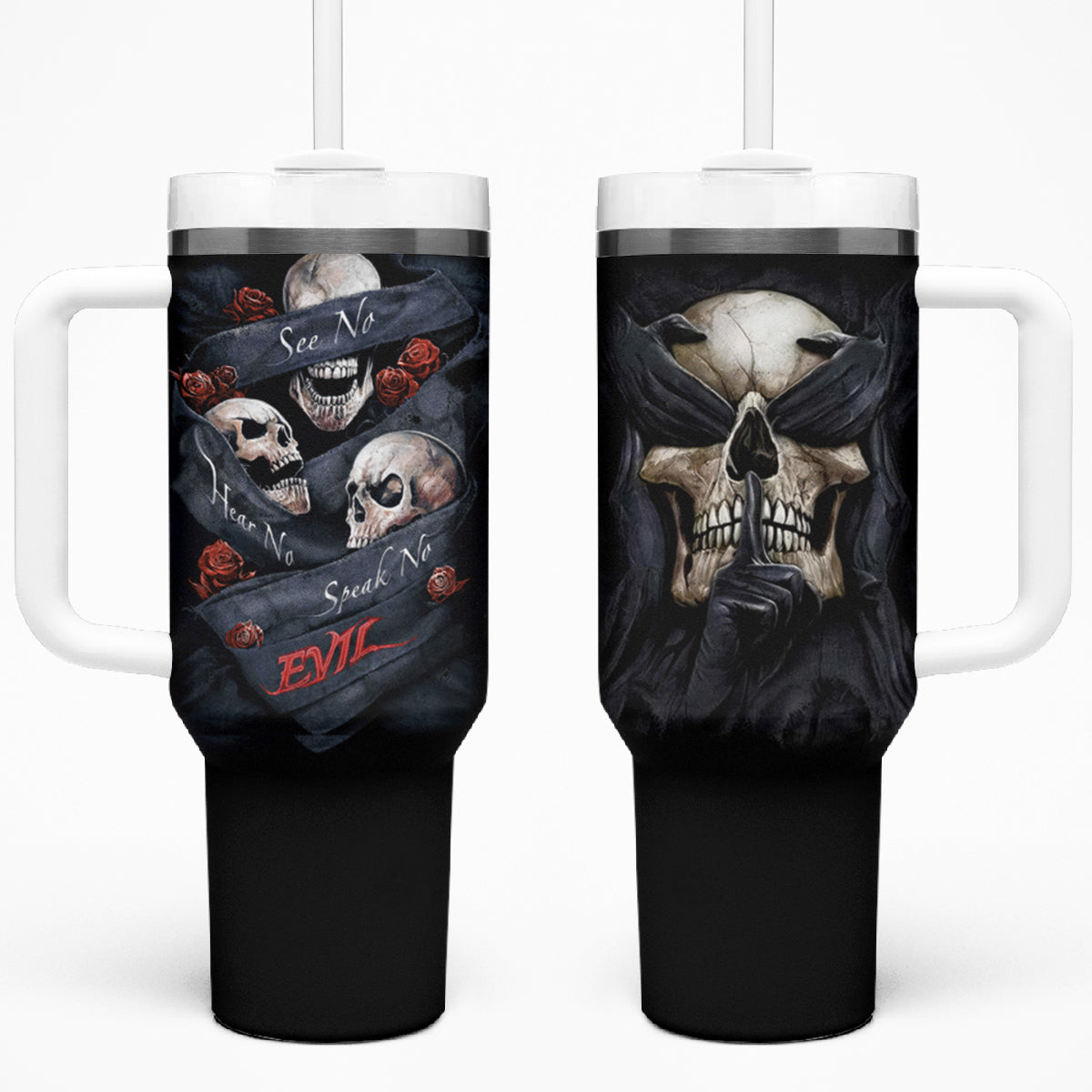 Skull Tumbler With Handle No See Evil Red Rose Jean