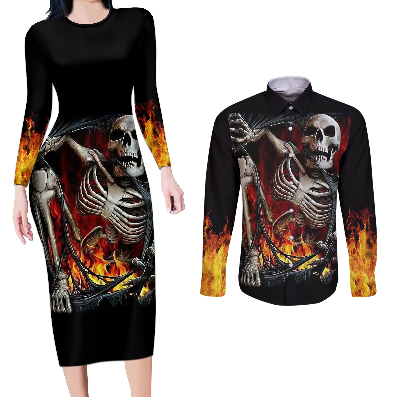 skull-couples-matching-long-sleeve-bodycon-dress-and-long-sleeve-button-shirts-skeleton-ripped-inside-flame