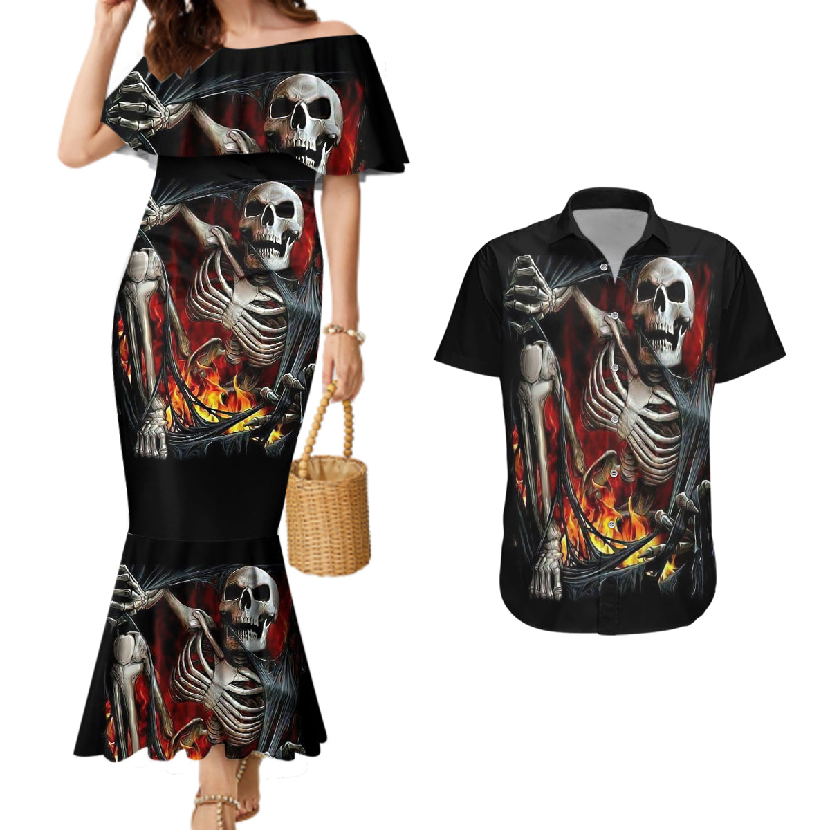 skull-couples-matching-mermaid-dress-and-hawaiian-shirt-skeleton-ripped-inside-flame