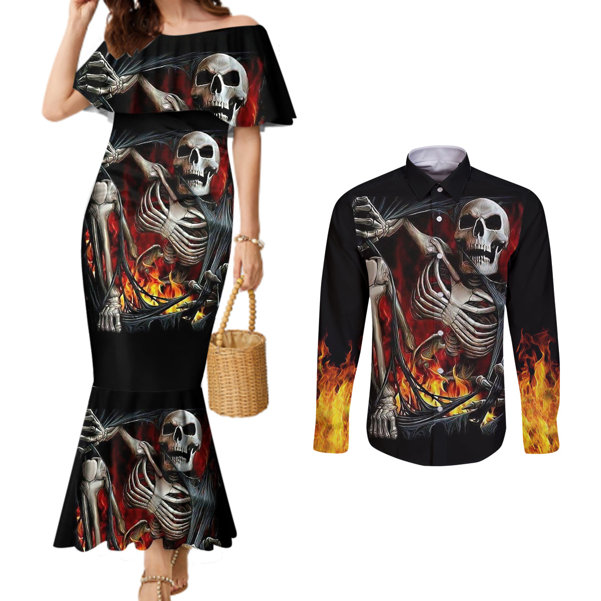 skull-couples-matching-mermaid-dress-and-long-sleeve-button-shirts-skeleton-ripped-inside-flame