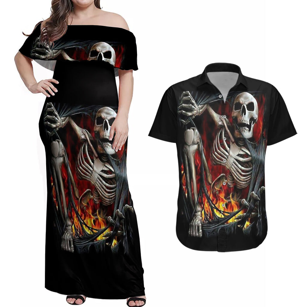 skull-couples-matching-off-shoulder-maxi-dress-and-hawaiian-shirt-skeleton-ripped-inside-flame