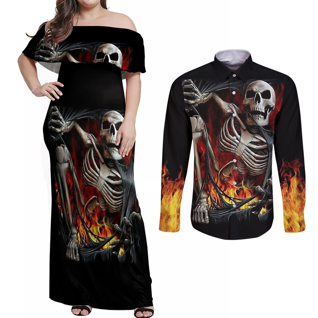 skull-couples-matching-off-shoulder-maxi-dress-and-long-sleeve-button-shirts-skeleton-ripped-inside-flame