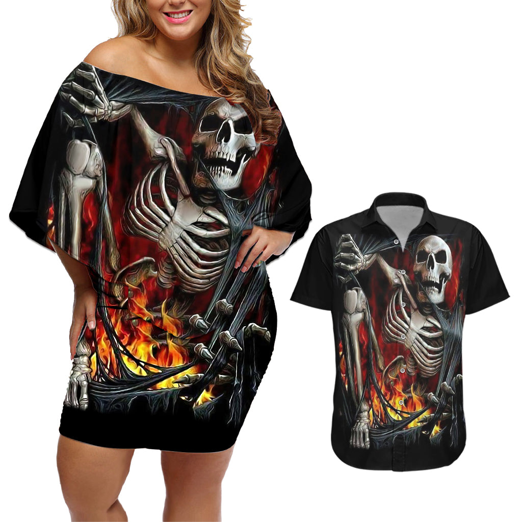 skull-couples-matching-off-shoulder-short-dress-and-hawaiian-shirt-skeleton-ripped-inside-flame