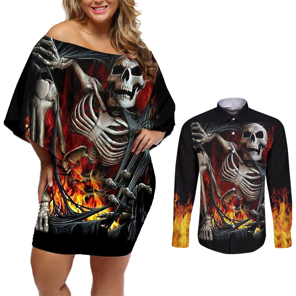 skull-couples-matching-off-shoulder-short-dress-and-long-sleeve-button-shirts-skeleton-ripped-inside-flame