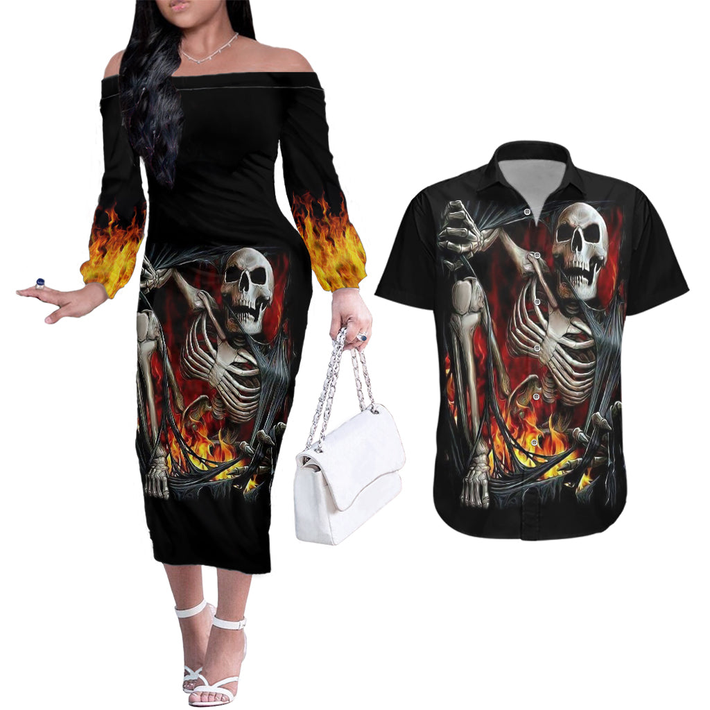 skull-couples-matching-off-the-shoulder-long-sleeve-dress-and-hawaiian-shirt-skeleton-ripped-inside-flame