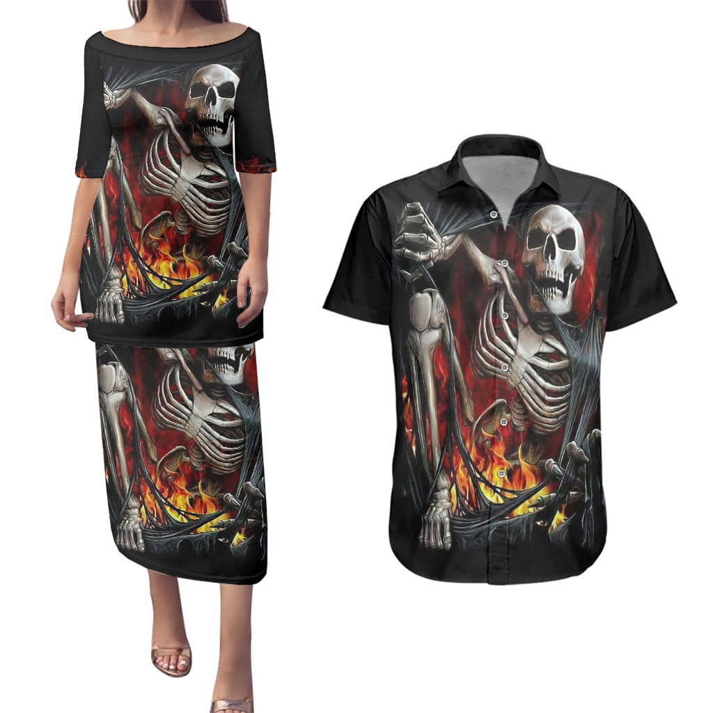 skull-couples-matching-puletasi-dress-and-hawaiian-shirt-skeleton-ripped-inside-flame