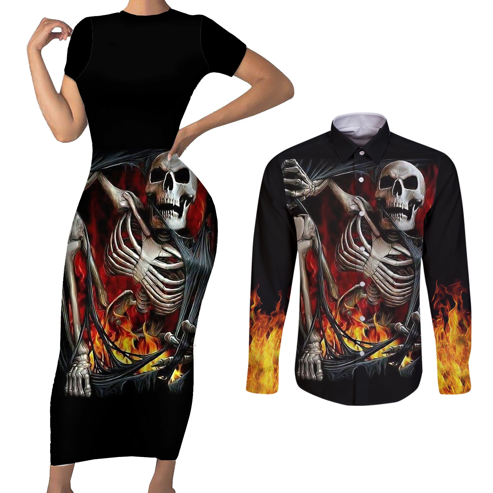 skull-couples-matching-short-sleeve-bodycon-dress-and-long-sleeve-button-shirts-skeleton-ripped-inside-flame