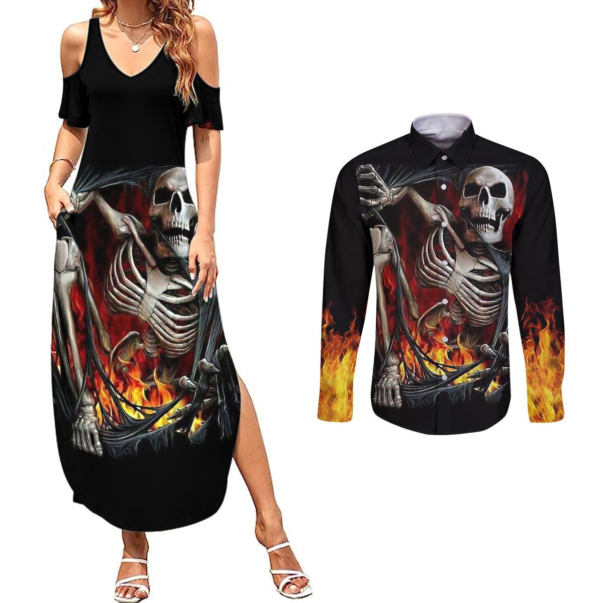 skull-couples-matching-summer-maxi-dress-and-long-sleeve-button-shirts-skeleton-ripped-inside-flame