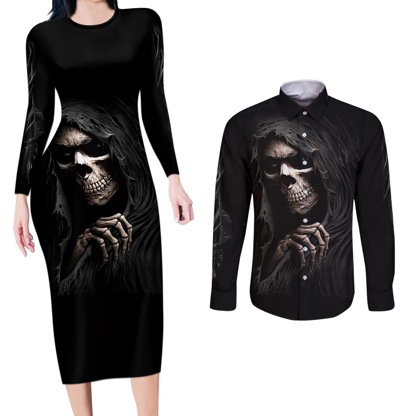 skull-couples-matching-long-sleeve-bodycon-dress-and-long-sleeve-button-shirts-evil-skeleton-look-inside