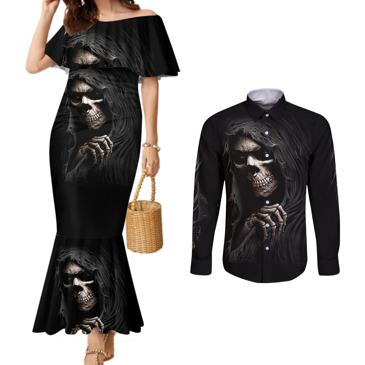 skull-couples-matching-mermaid-dress-and-long-sleeve-button-shirts-evil-skeleton-look-inside