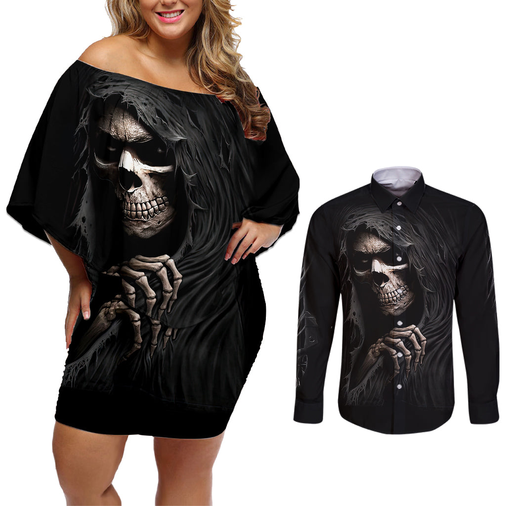 skull-couples-matching-off-shoulder-short-dress-and-long-sleeve-button-shirts-evil-skeleton-look-inside