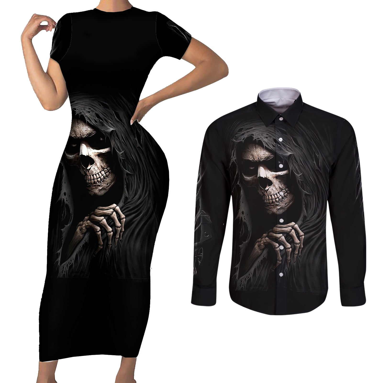 skull-couples-matching-short-sleeve-bodycon-dress-and-long-sleeve-button-shirts-evil-skeleton-look-inside