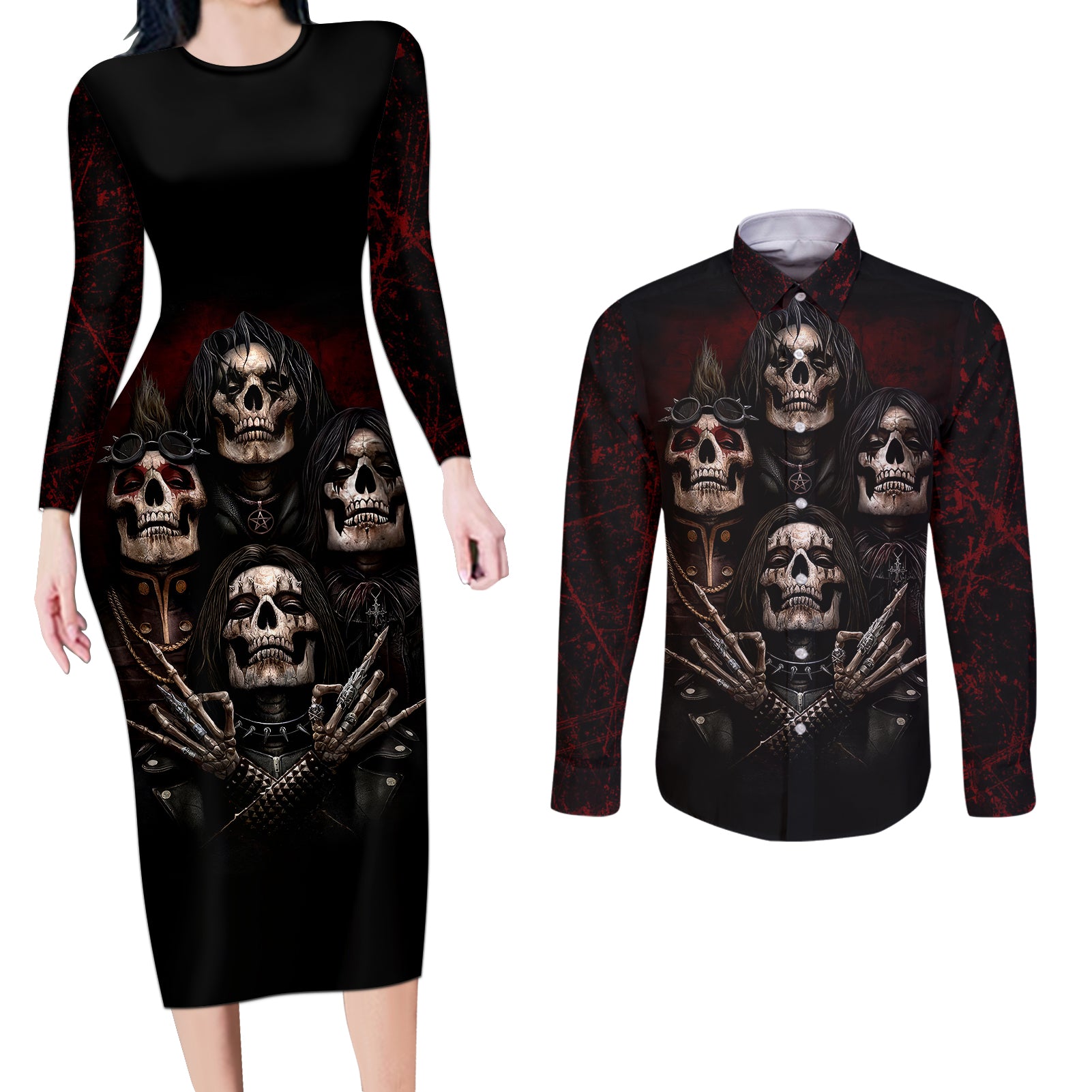 skull-couples-matching-long-sleeve-bodycon-dress-and-long-sleeve-button-shirts-boy-band-queen