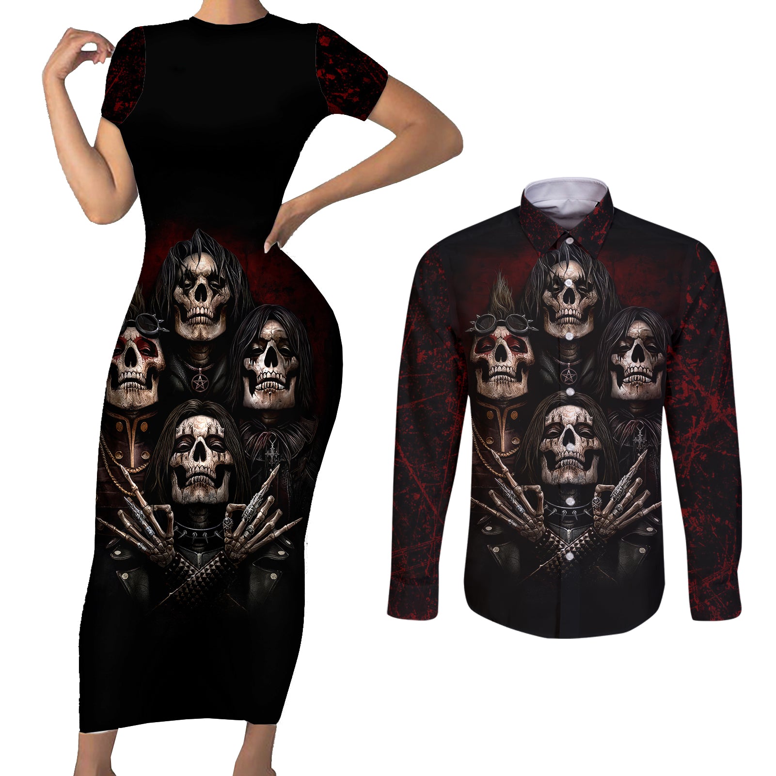 skull-couples-matching-short-sleeve-bodycon-dress-and-long-sleeve-button-shirts-boy-band-queen