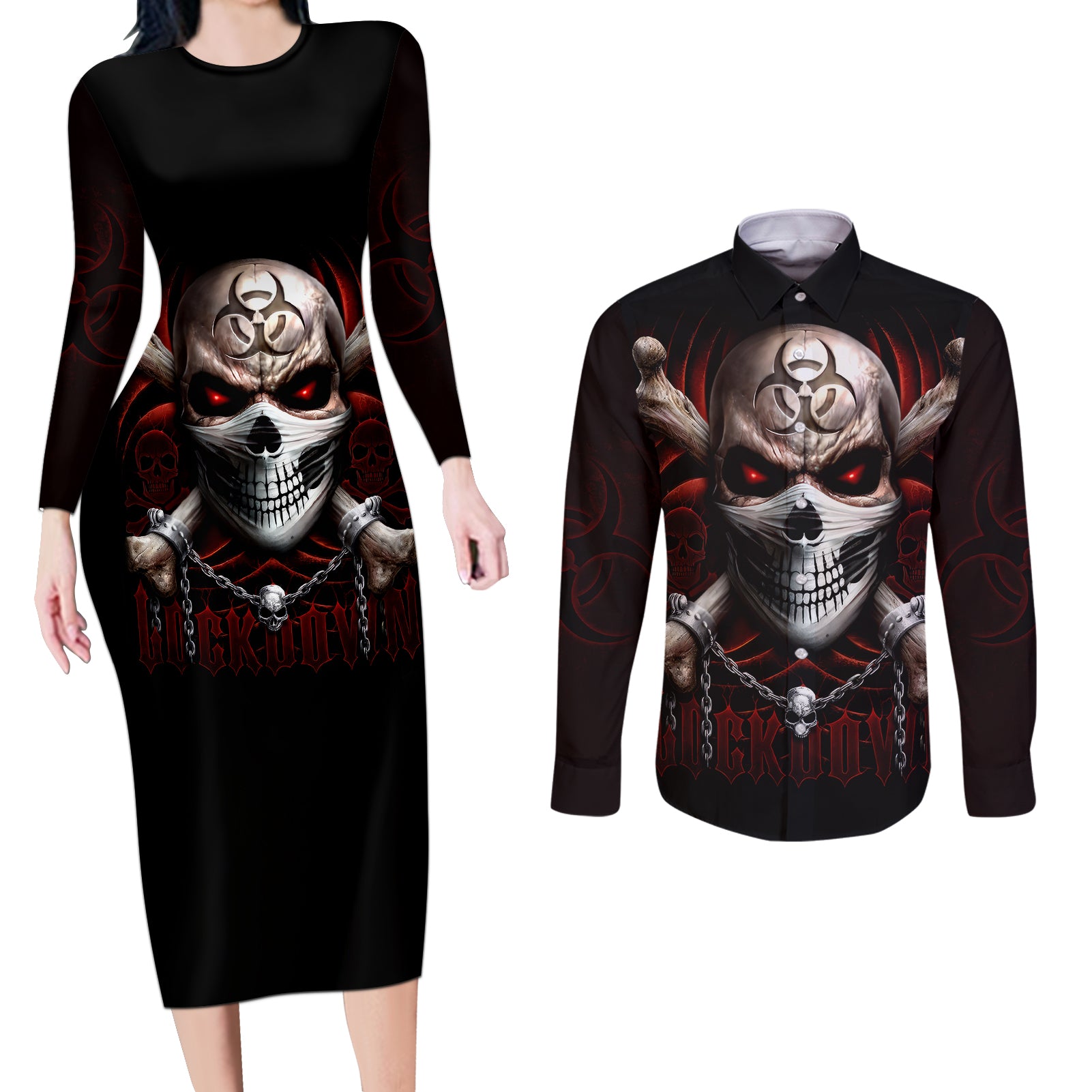 skull-couples-matching-long-sleeve-bodycon-dress-and-long-sleeve-button-shirts-blood-skull-survivor