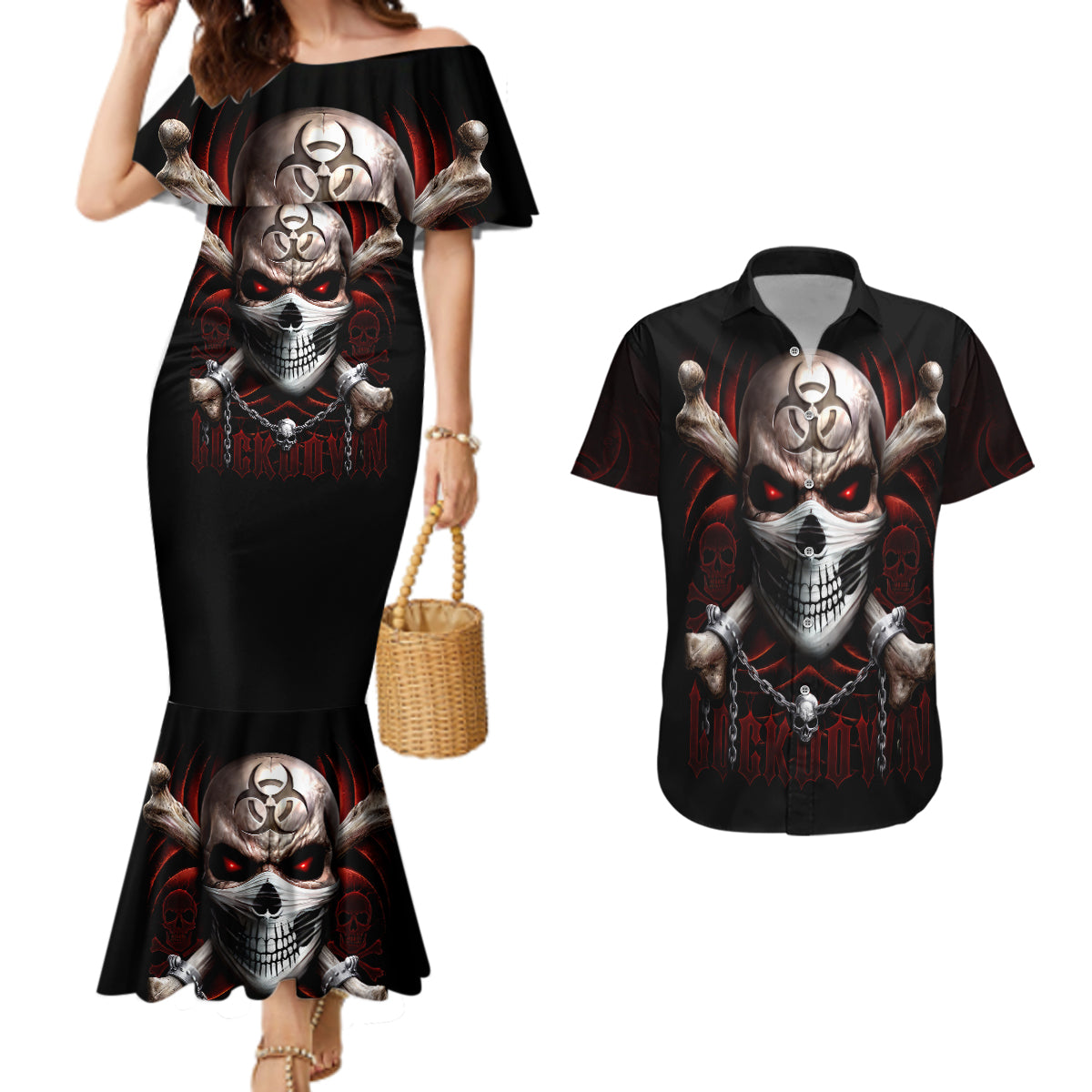 skull-couples-matching-mermaid-dress-and-hawaiian-shirt-blood-skull-survivor