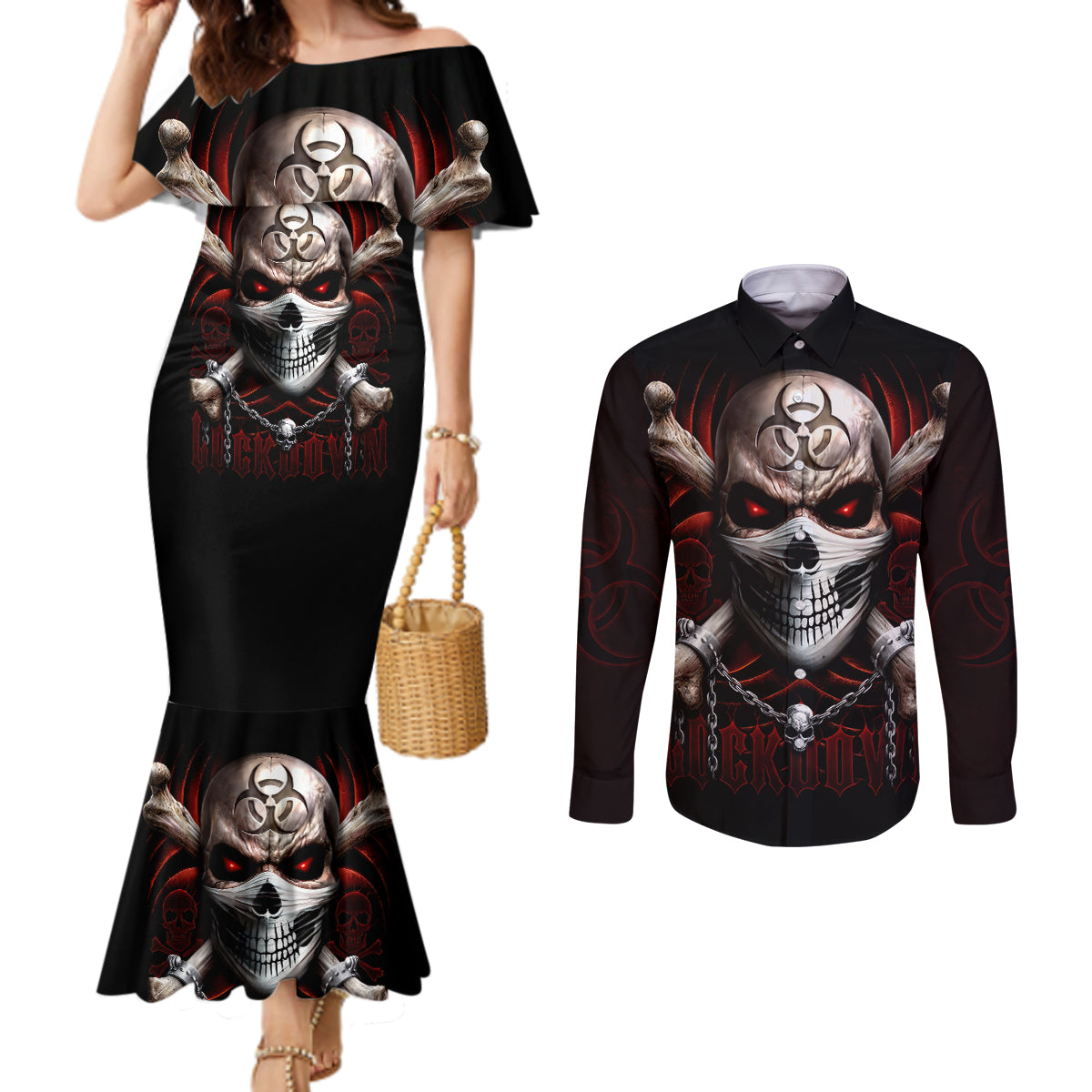 skull-couples-matching-mermaid-dress-and-long-sleeve-button-shirts-blood-skull-survivor