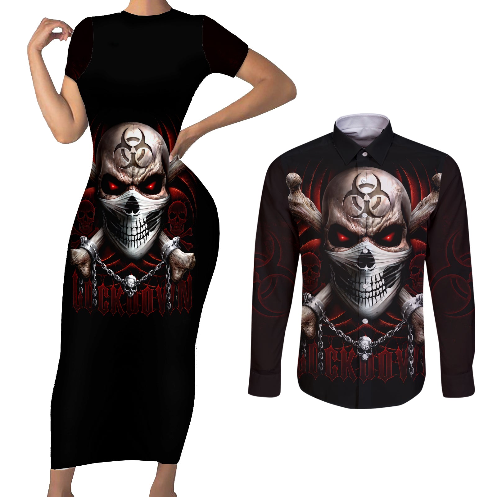 skull-couples-matching-short-sleeve-bodycon-dress-and-long-sleeve-button-shirts-blood-skull-survivor