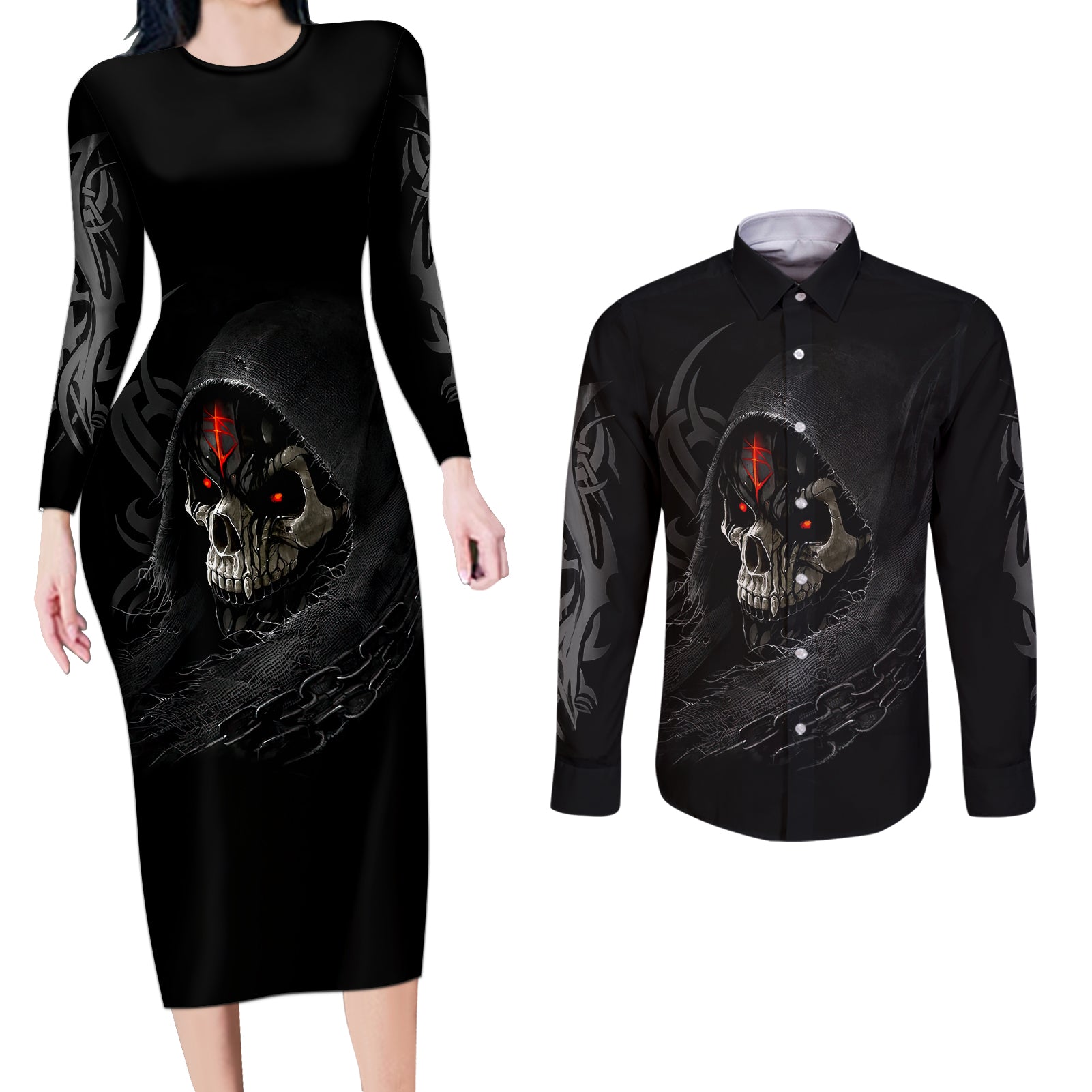 skull-couples-matching-long-sleeve-bodycon-dress-and-long-sleeve-button-shirts-black-reaper