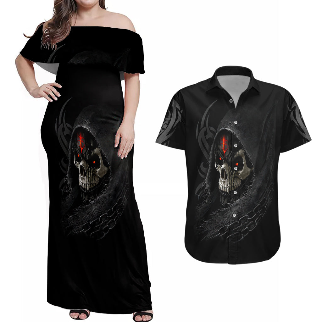 skull-couples-matching-off-shoulder-maxi-dress-and-hawaiian-shirt-black-reaper