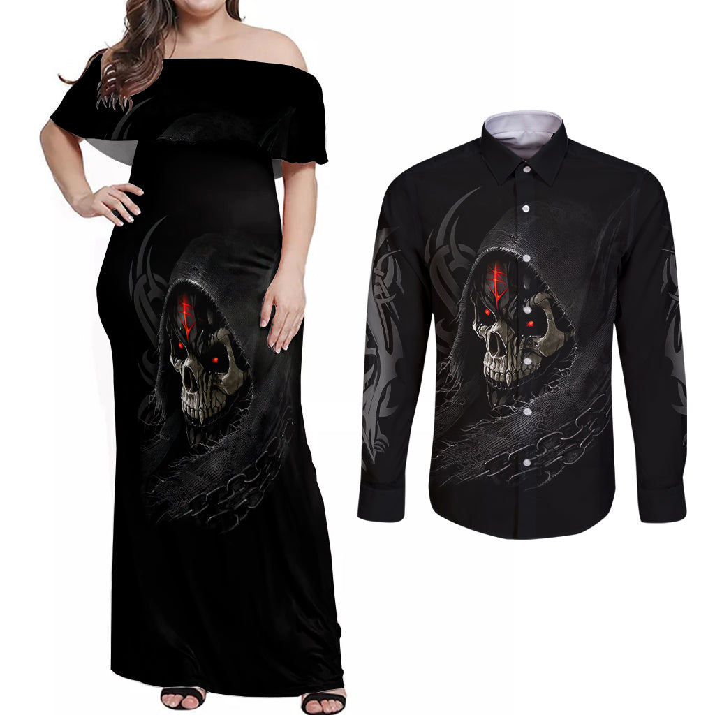 skull-couples-matching-off-shoulder-maxi-dress-and-long-sleeve-button-shirts-black-reaper