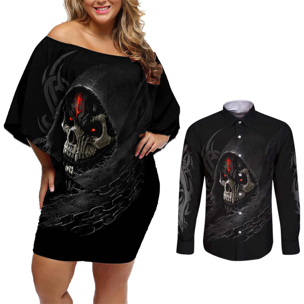 skull-couples-matching-off-shoulder-short-dress-and-long-sleeve-button-shirts-black-reaper