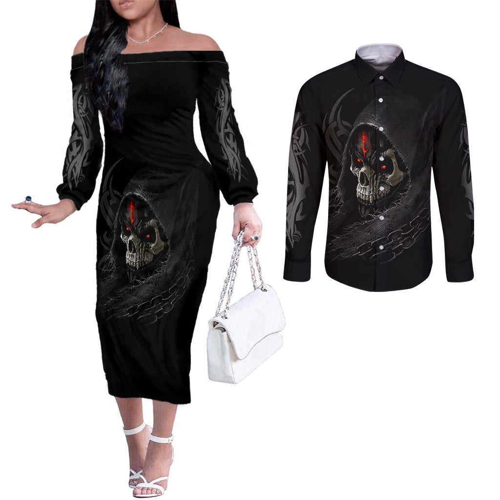 skull-couples-matching-off-the-shoulder-long-sleeve-dress-and-long-sleeve-button-shirts-black-reaper