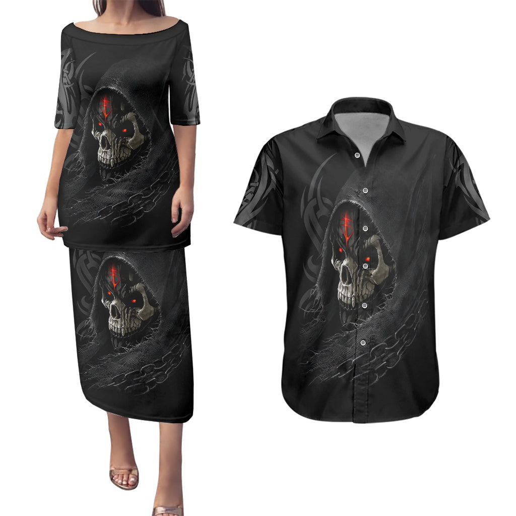 skull-couples-matching-puletasi-dress-and-hawaiian-shirt-black-reaper