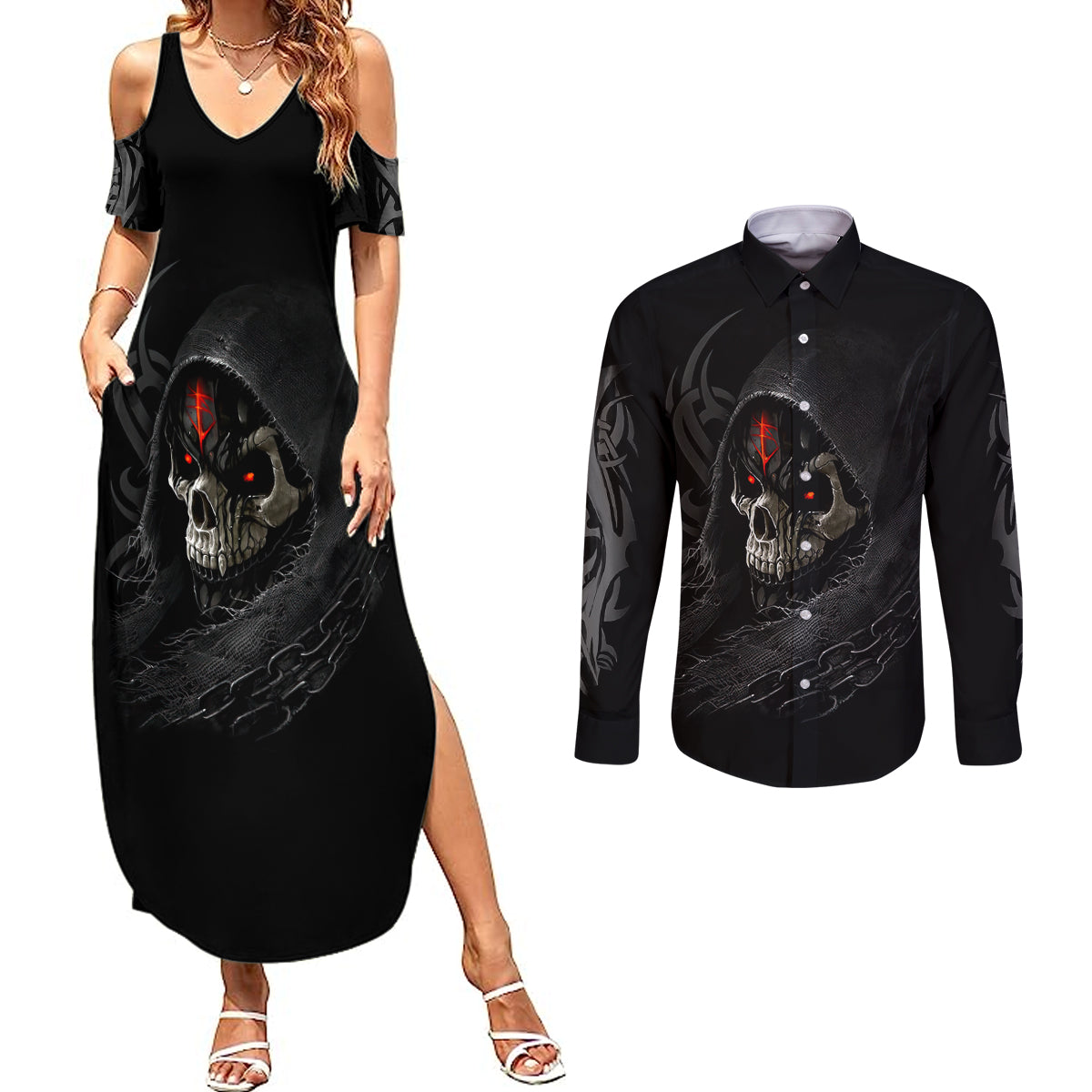 skull-couples-matching-summer-maxi-dress-and-long-sleeve-button-shirts-black-reaper