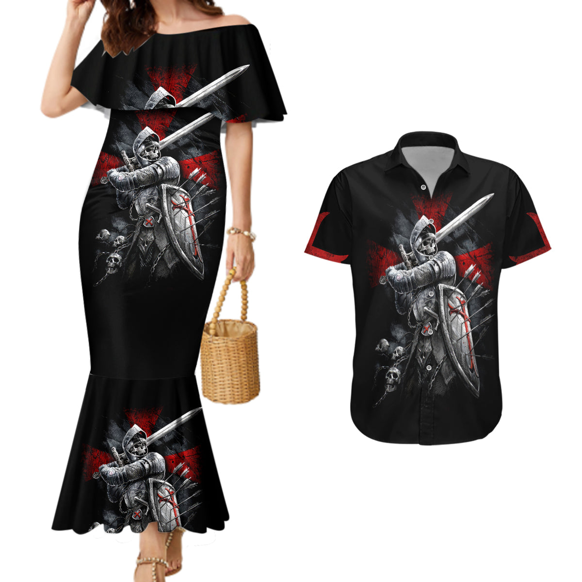 skull-couples-matching-mermaid-dress-and-hawaiian-shirt-death-skull-crusader