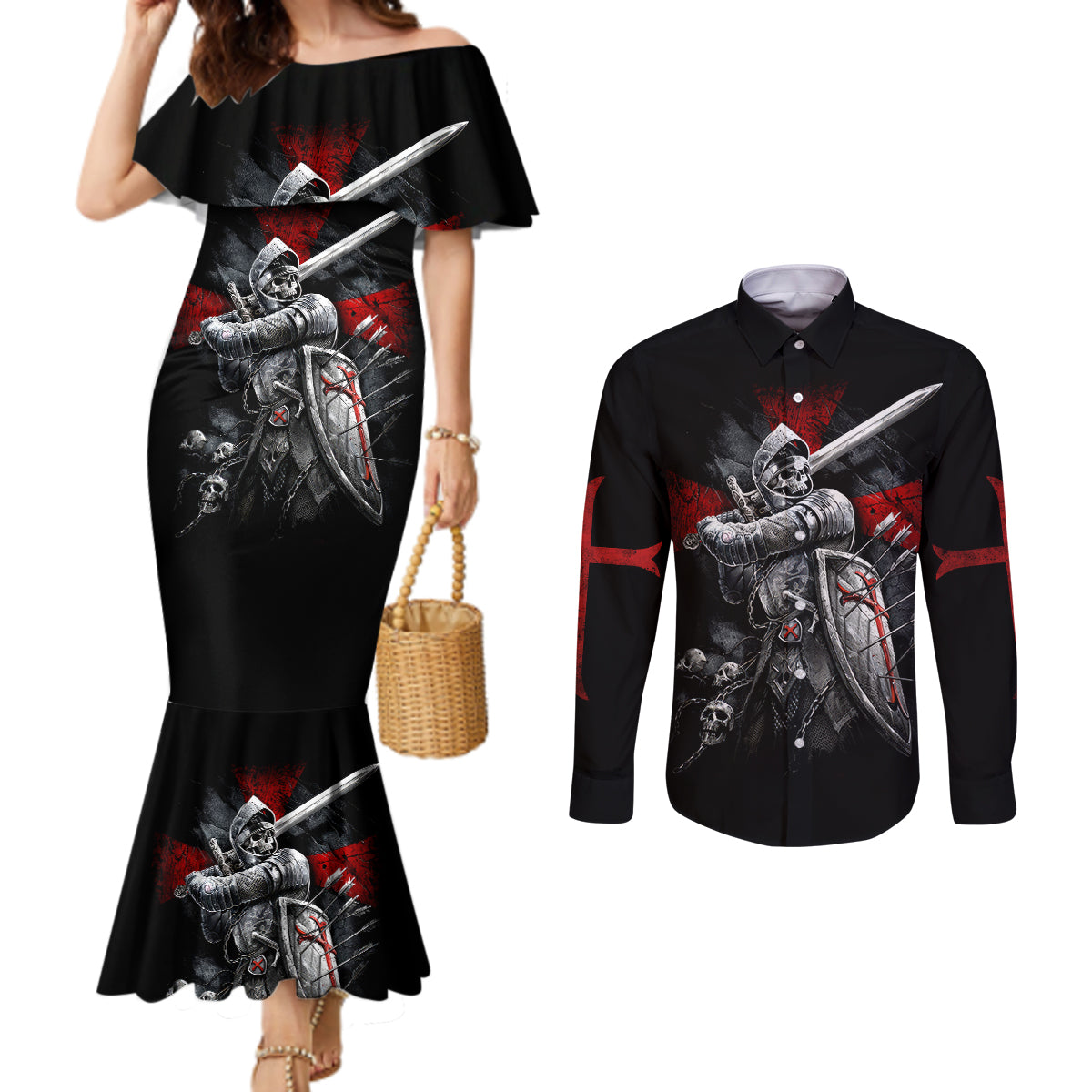 skull-couples-matching-mermaid-dress-and-long-sleeve-button-shirts-death-skull-crusader