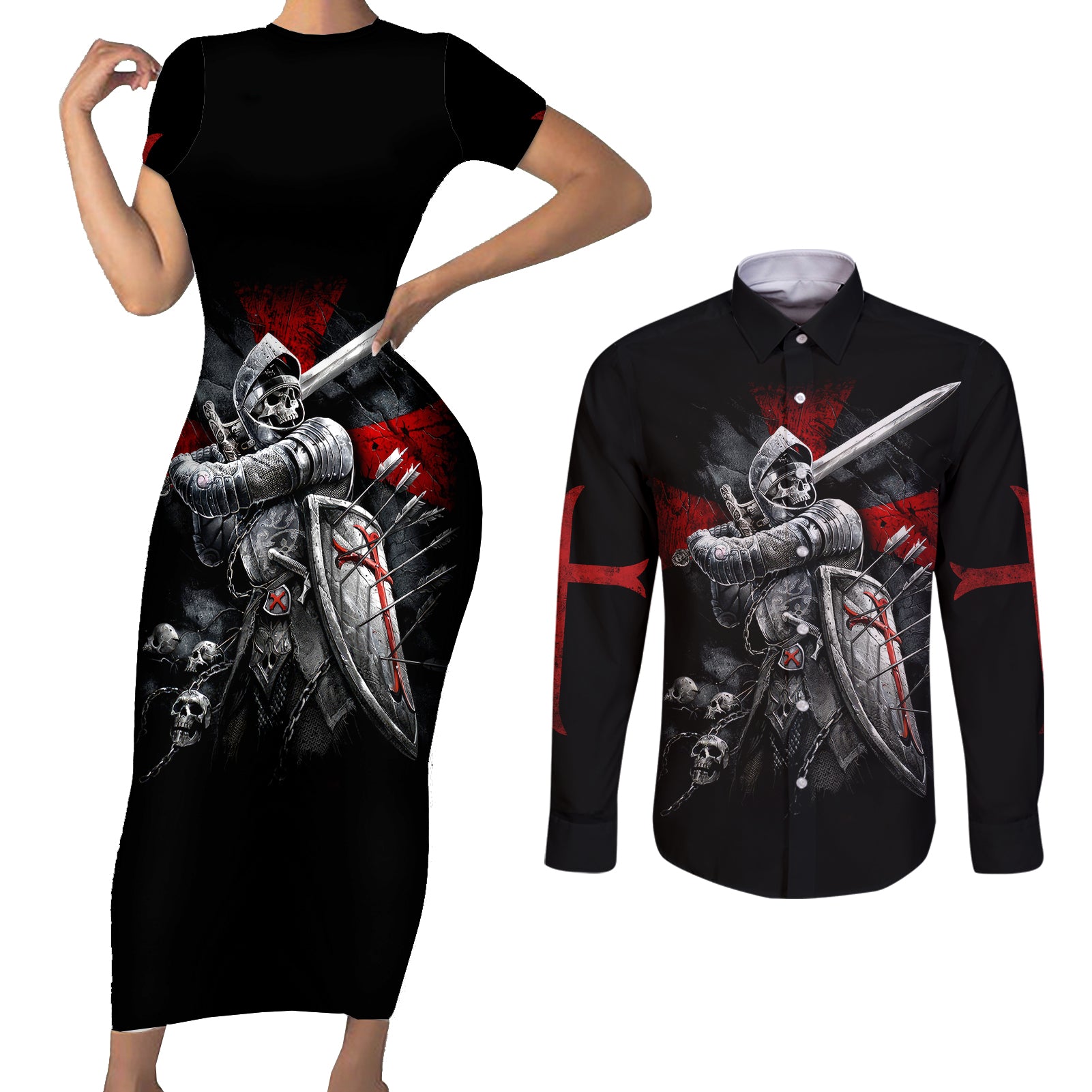 skull-couples-matching-short-sleeve-bodycon-dress-and-long-sleeve-button-shirts-death-skull-crusader