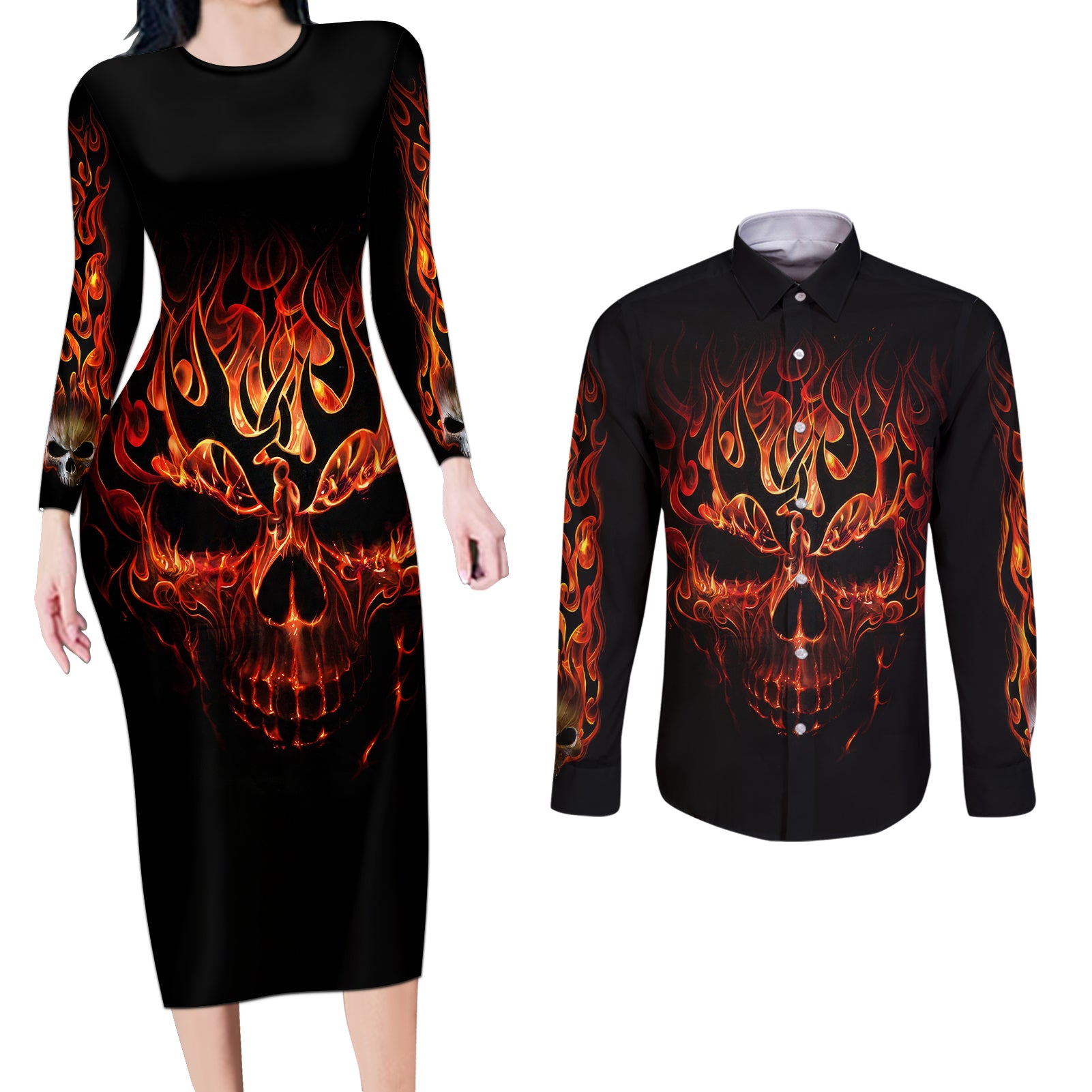 skull-couples-matching-long-sleeve-bodycon-dress-and-long-sleeve-button-shirts-fire-skull-tattoo-scream