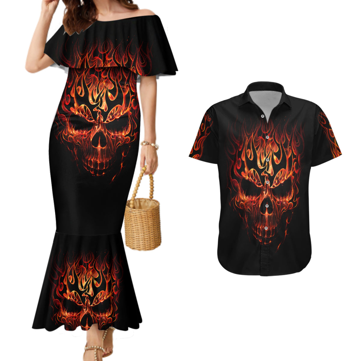 skull-couples-matching-mermaid-dress-and-hawaiian-shirt-fire-skull-tattoo-scream