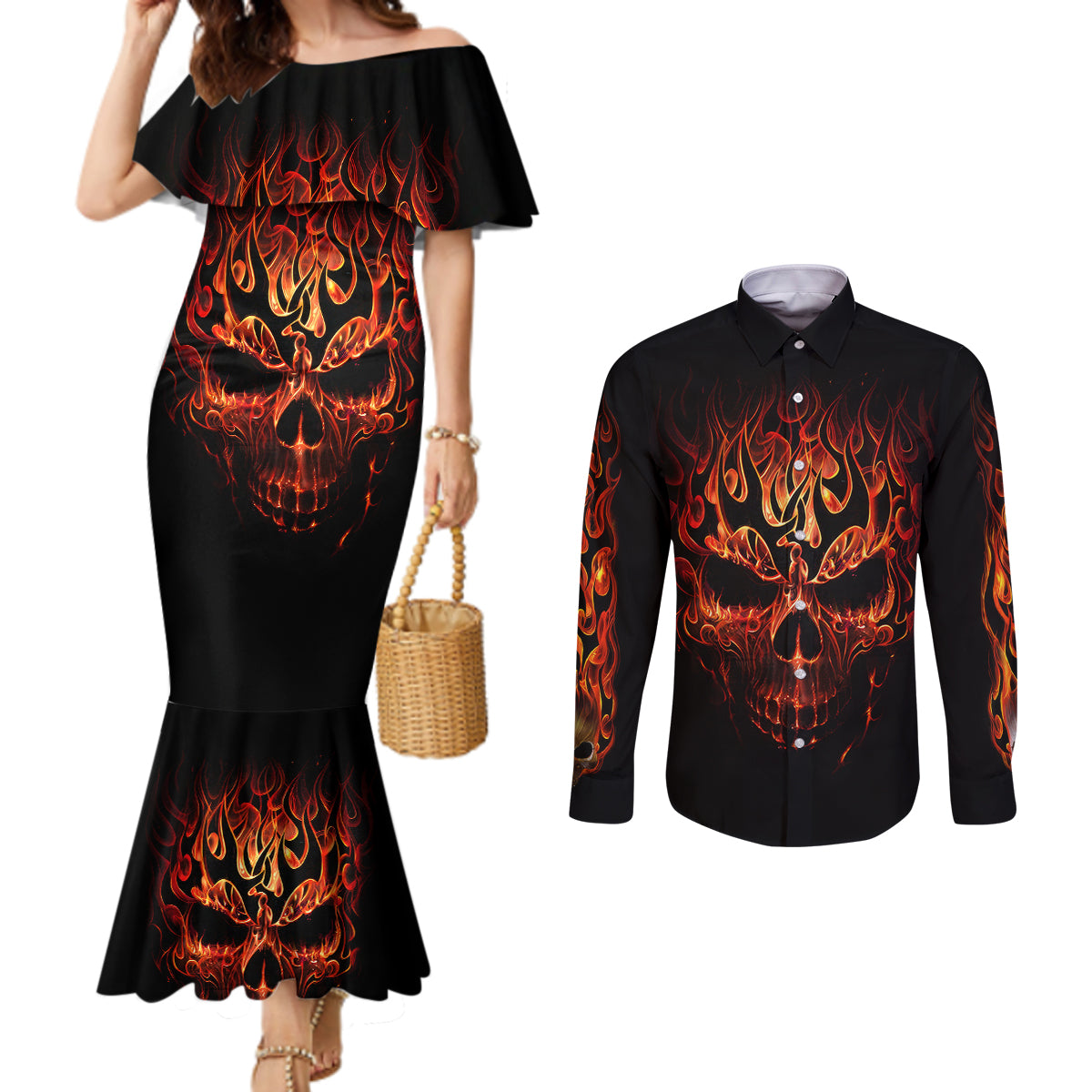 skull-couples-matching-mermaid-dress-and-long-sleeve-button-shirts-fire-skull-tattoo-scream