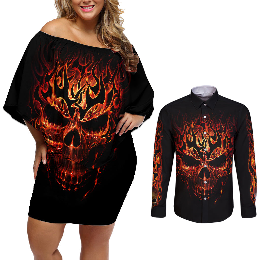 skull-couples-matching-off-shoulder-short-dress-and-long-sleeve-button-shirts-fire-skull-tattoo-scream