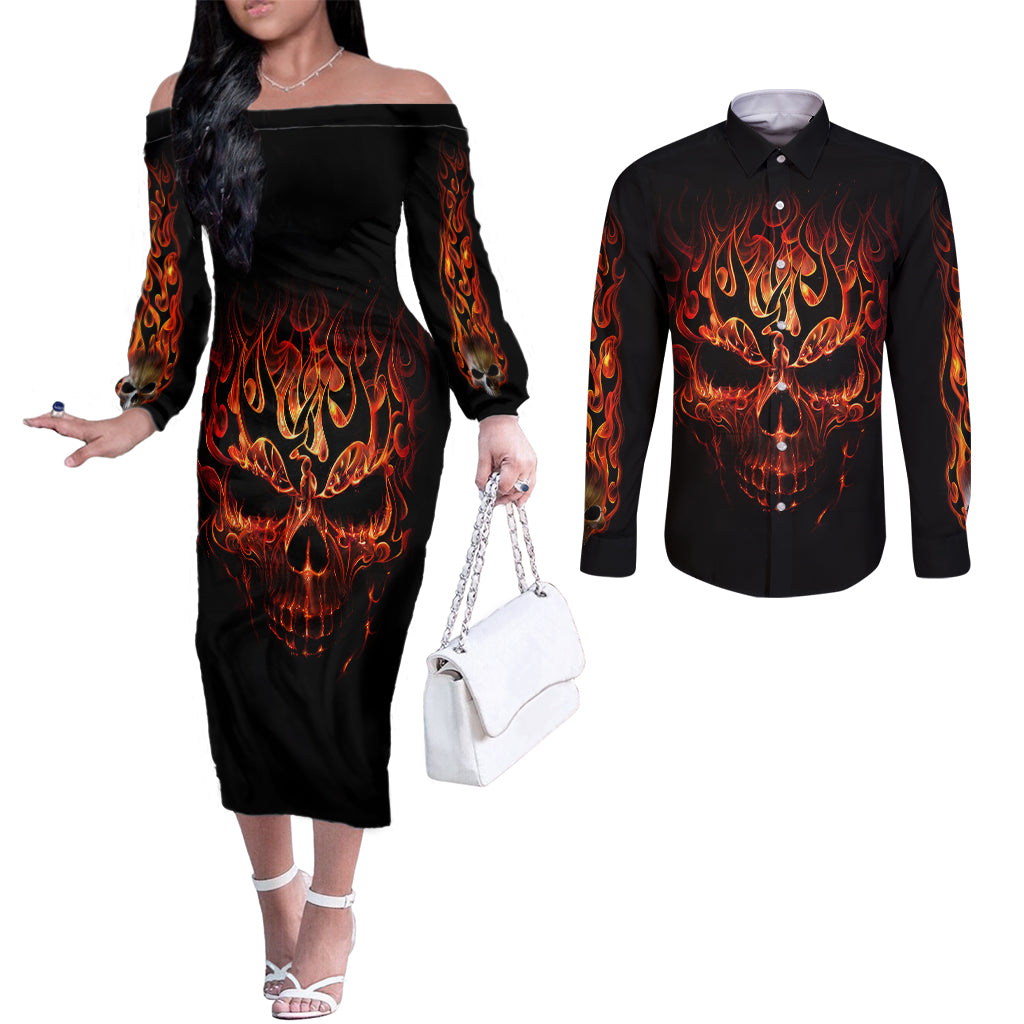 skull-couples-matching-off-the-shoulder-long-sleeve-dress-and-long-sleeve-button-shirts-fire-skull-tattoo-scream