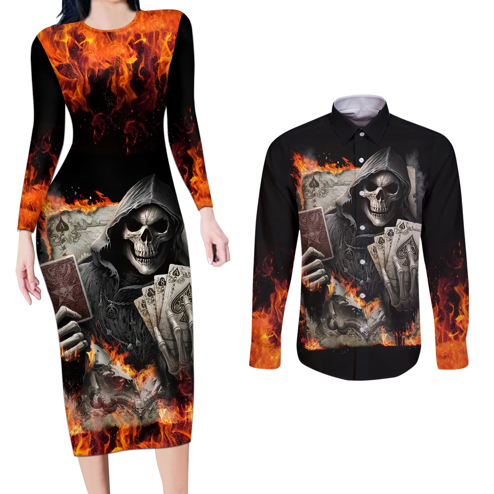 skull-couples-matching-long-sleeve-bodycon-dress-and-long-sleeve-button-shirts-gambling-death-fire