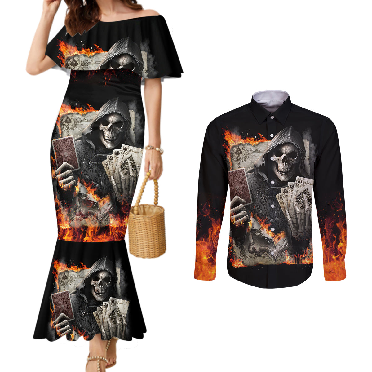 skull-couples-matching-mermaid-dress-and-long-sleeve-button-shirts-gambling-death-fire