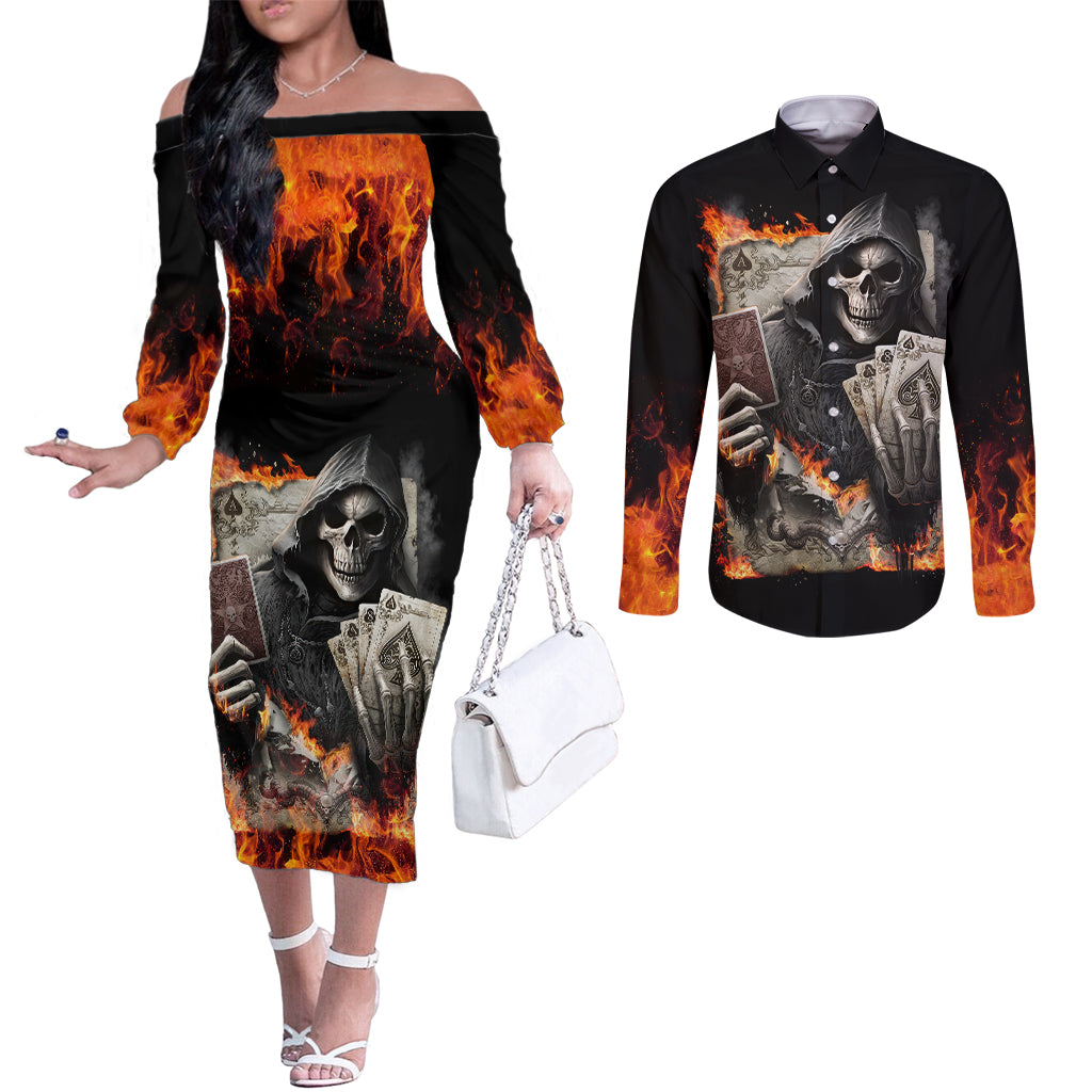 skull-couples-matching-off-the-shoulder-long-sleeve-dress-and-long-sleeve-button-shirts-gambling-death-fire